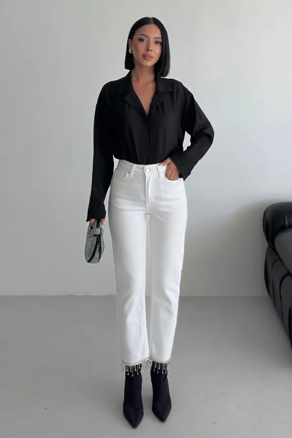 Fringe Ending High Rise Mom Fit Jean with Rhinestones on Legs 1890-50-(28-33) White