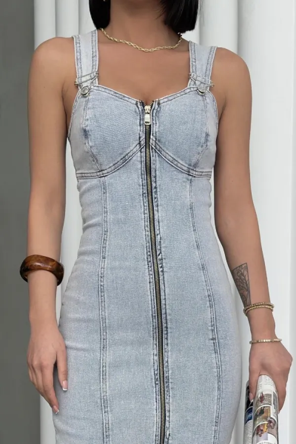 Adjustable Strap Denim Dress 3021-08-(S-XL)