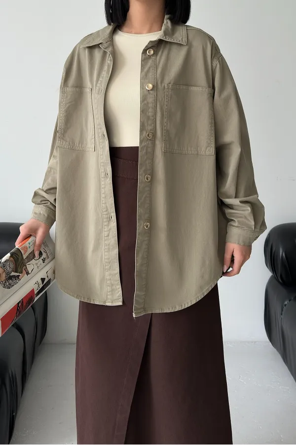 Oversize Denim Jacket with Buttons  6080-74-(S-L-3) Green