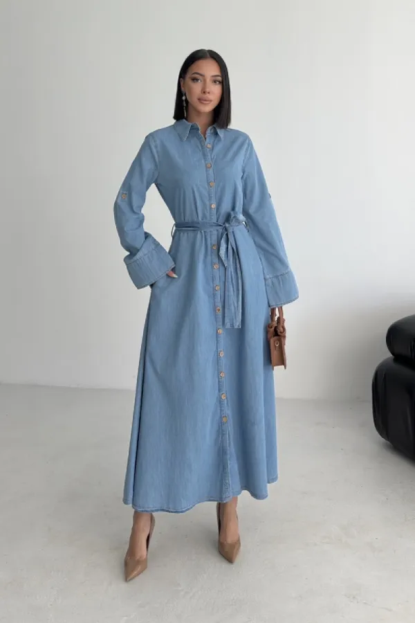 Düğmeli Uzun Boy Kot Elbise 3047-27-(S-XL)