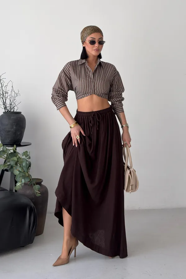 Elasticated Long Skirt HS131-78-(S-L-3) Brown