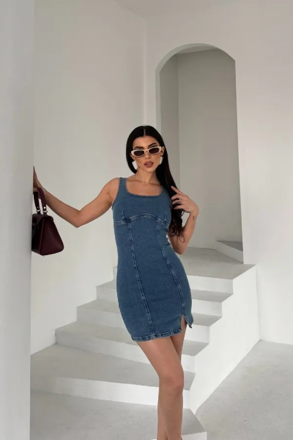 Fermuarlı Mini Kot Elbise 3028-27-(XS-L) Fermuarlı Mini Kot Elbise 3028-27-(XS-L)