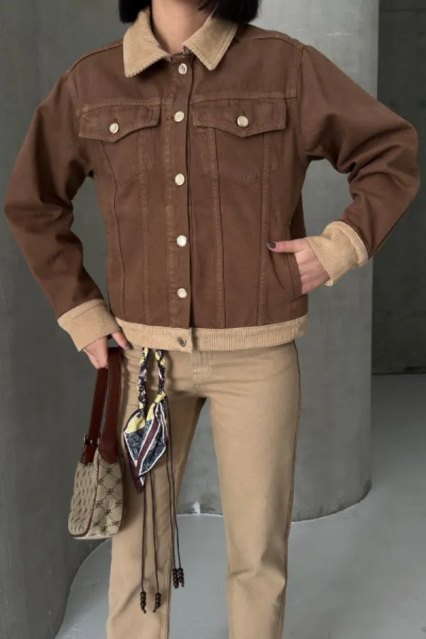 Kadife Detaylı Klasik Kot Ceket 6138-78-(S-XL)