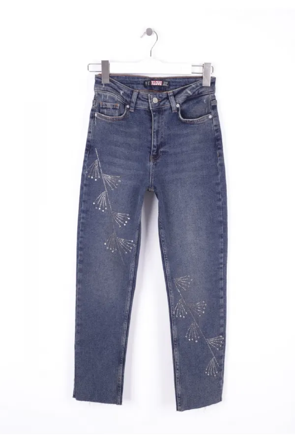 Çapraz Taşlı Mom Fit Kot Pantolon  7054-28-(26-31)