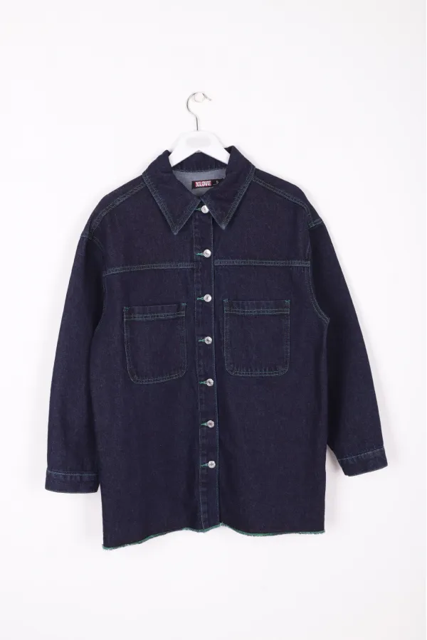 Denim Jacket Sewn with Green Thread 6021-17-(S-XL-6) Slubbed Navy Blue Denim Jacket Sewn with Green Thread 6021-17-(S-XL-6) Slubbed Navy Blue