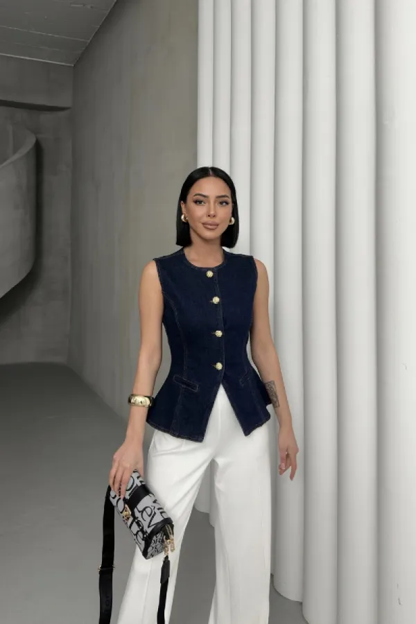 Belden Oturtmalı Düğmeli Kot Yelek 6086-17-(S-XL)