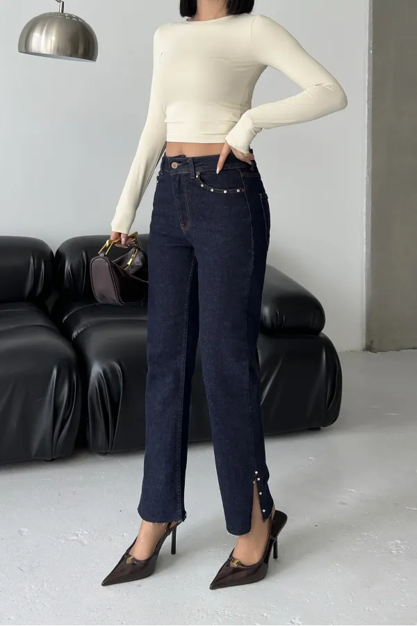 Mom Jean with Side Slits 1774-17-(27-32) Slubbed Navy Blue Mom Jean with Side Slits 1774-17-(27-32) Slubbed Navy Blue