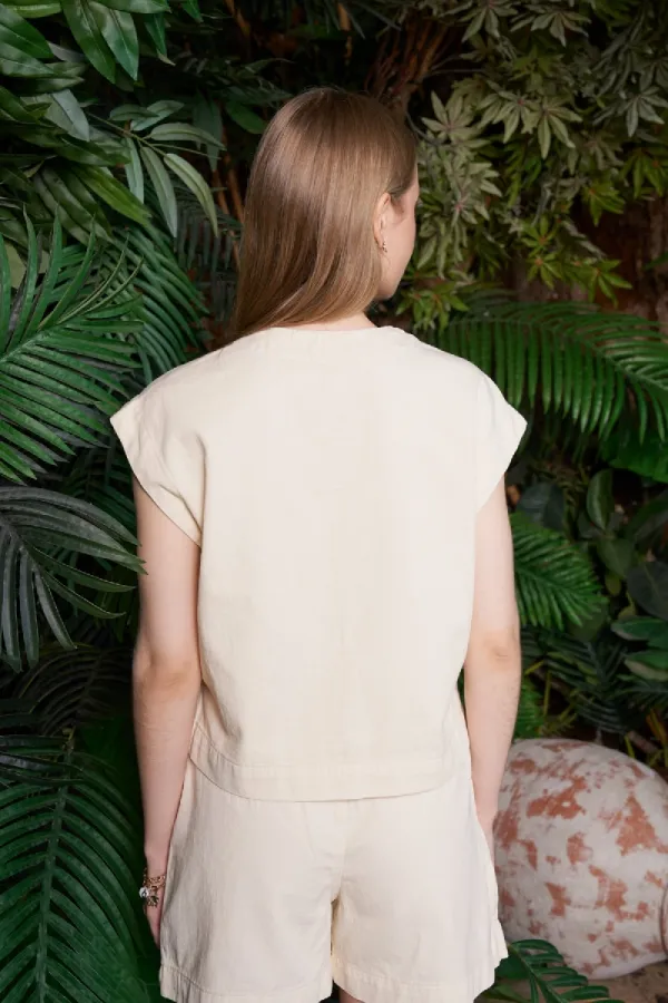 V Neck Linen Blouse HS608-65-(S+L+4) Stone