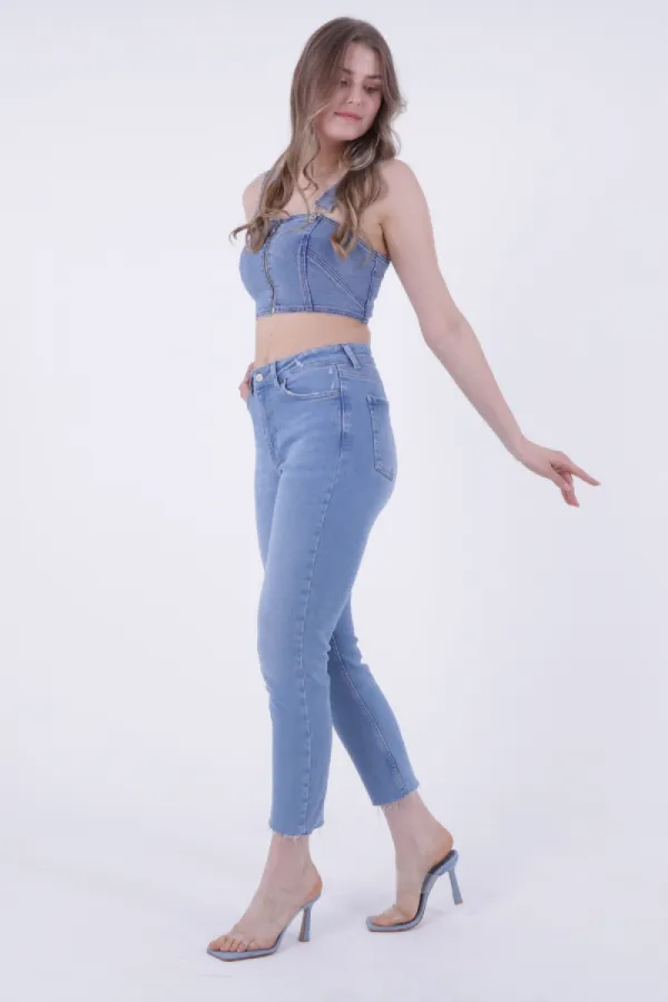 Fringe Ending High Waisted Mom Fit Jean 764-15-(26-29) Light Blue Denim