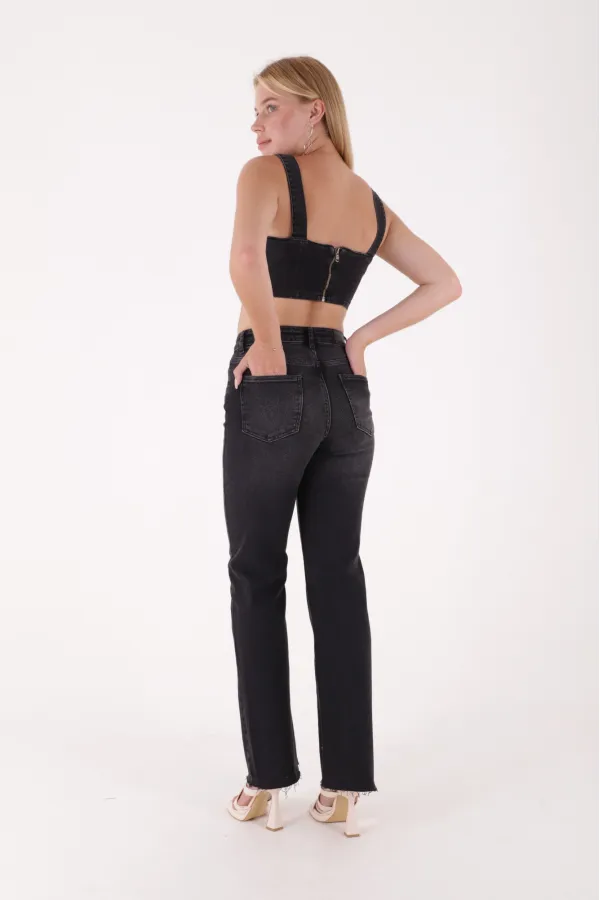 Tasseled Bottom Wide Leg Relax Jean  1726-03-(26-31) Anthracite Denim