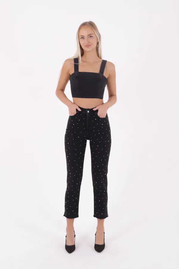 İnci Detaylı Mom Fit Kot Pantolon 1899-23-(26-31) İnci Detaylı Mom Fit Kot Pantolon 1899-23-(26-31)