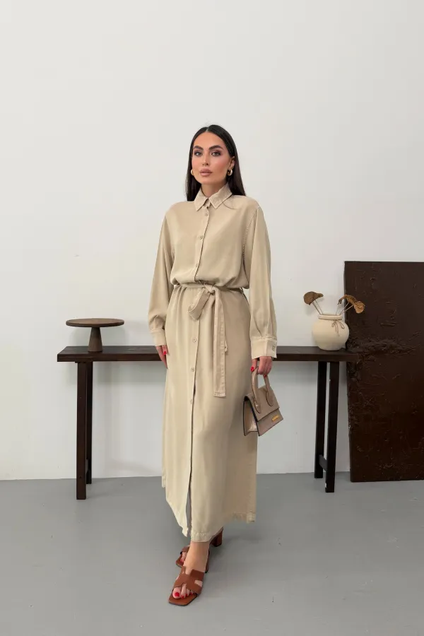 Buttoned Classic Long Denim Dress 3034-65-(S-XL) Stone