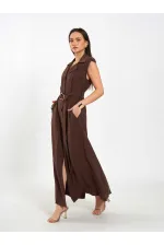 111702 Kolsuz Kendinden Kuşaklı Uzun Elbise