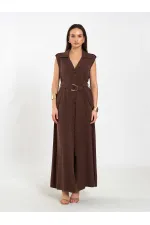 111702 Kolsuz Kendinden Kuşaklı Uzun Elbise