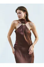 111631 Buckled Slit Long Satin Dress