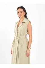 111702 Kolsuz Kendinden Kuşaklı Uzun Elbise