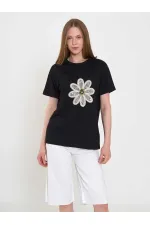 050740 T145 Crew Neck Knitted Floral Print T-Shirt