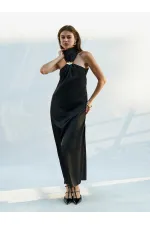 111631 Tokalı Yırtmaçlı Uzun Saten Elbise