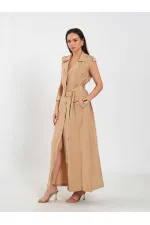 111702 Kolsuz Kendinden Kuşaklı Uzun Elbise