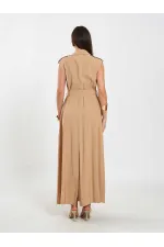 111702 Kolsuz Kendinden Kuşaklı Uzun Elbise
