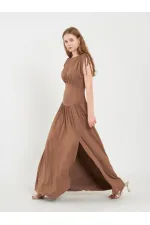 111691 Beli Korsajlı Uzun Elbise