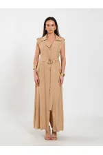 111702 Kolsuz Kendinden Kuşaklı Uzun Elbise