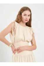 111691 Beli Korsajlı Uzun Elbise