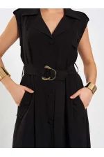 111702 Kolsuz Kendinden Kuşaklı Uzun Elbise