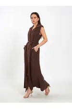 111702 Kolsuz Kendinden Kuşaklı Uzun Elbise