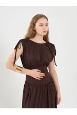 111691 Beli Korsajlı Uzun Elbise