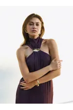 111631 Buckled Slit Long Satin Dress