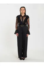 Pantalon droit satiné avec ceinture 031656