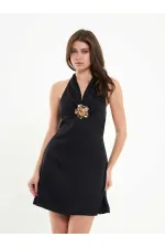 111644 Önü Tokalı Mini Elbise