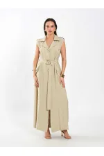 111702 Kolsuz Kendinden Kuşaklı Uzun Elbise