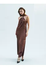 111631 Buckled Slit Long Satin Dress