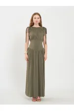 111691 Beli Korsajlı Uzun Elbise