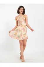 111704 Dik Yaka Desenli Mini Elbise