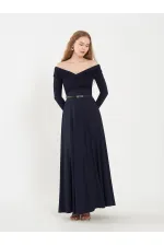 111690 Düşük Omuzlu Drapeli Elbise