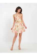 111704 Dik Yaka Desenli Mini Elbise