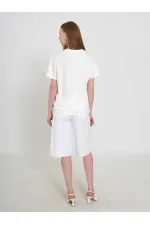 050737 T128 V Yaka Çiçek İşlemeli Örme T-Shirt