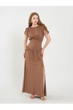 111691 Beli Korsajlı Uzun Elbise