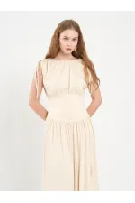 111691 Beli Korsajlı Uzun Elbise