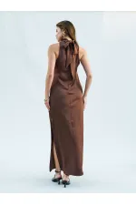 111631 Buckled Slit Long Satin Dress