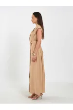 111702 Kolsuz Kendinden Kuşaklı Uzun Elbise