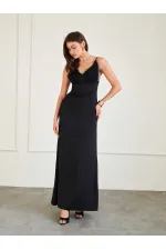 111735 Dantelli Saten Uzun Elbise