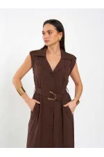 111702 Kolsuz Kendinden Kuşaklı Uzun Elbise