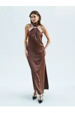 111631 Buckled Slit Long Satin Dress