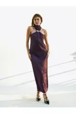 111631 Buckled Slit Long Satin Dress