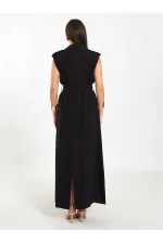 111702 Kolsuz Kendinden Kuşaklı Uzun Elbise