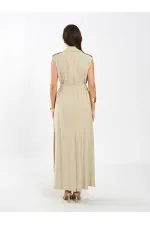 111702 Kolsuz Kendinden Kuşaklı Uzun Elbise